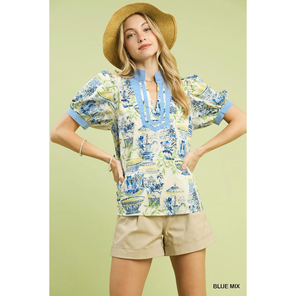 Umgee Abstract Print V-Neck Top